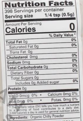 The Nutrition Facts of 24 Mantra Organic Chilli Powder 