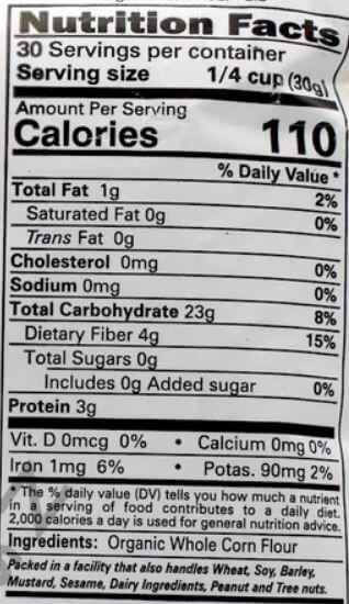 The Nutrition Facts of 24 Mantra Organic Corn Flour