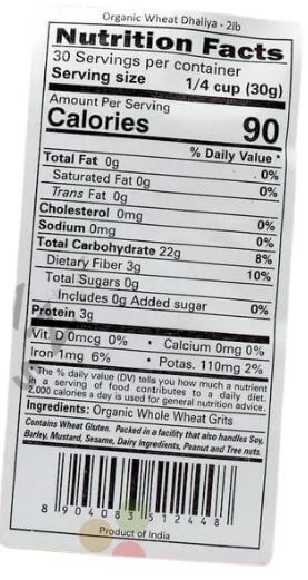 The Nutrition Facts of 24 Mantra Organic Wheat Daliya