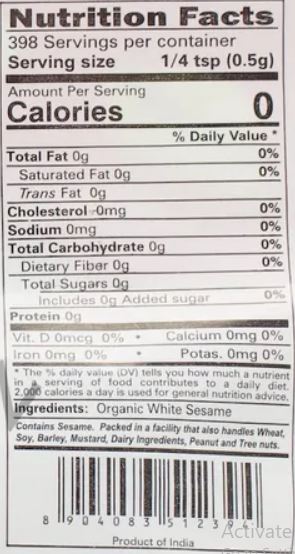 The Nutrition Facts of 24 Mantra Organic White Sesame Seeds 