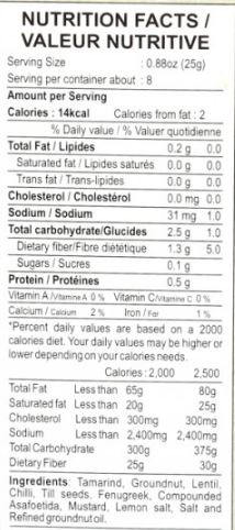 The Nutrition Facts of Aachi Puliyodharai Rice Powder 