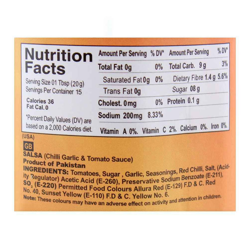 The Nutrition Facts of Ahmed Salsa Chilli Garlic Sauce Seven Star(Desi mart devon)