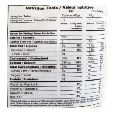 The Nutrition Facts of Amma's Kitchen Idli Value Pack with Chutney Frozen  (24pcs) 