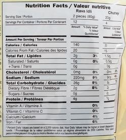 The Nutrition Facts of Amma's Kitchen Rava Idli Value Pack (24pcs) 