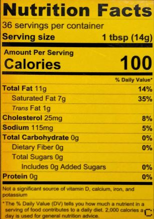 The Nutrition Facts of Amul Water Buffalo and Cow Milk Salted Butter 