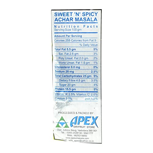 The Nutrition Facts of Apex Sweet & Spicy Pickle (Achar) Masala 
