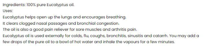 The Nutrition Facts of Ashwin Nilgiri Eucalyptus Oil