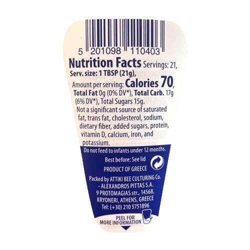 The Nutrition Facts of Attiki Pure Raw Greek Honey.