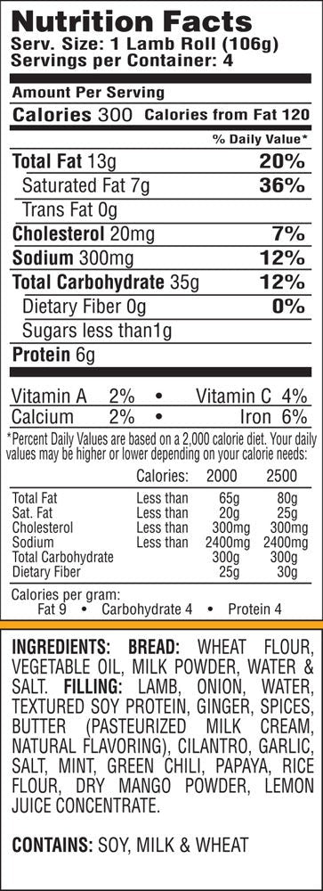 The Nutrition Facts of Colonel Kababz Lamb Kabab Rolls 