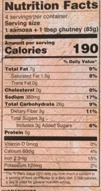 The Nutrition Facts of Deep  Potato Peas Samosa (24pcs) 