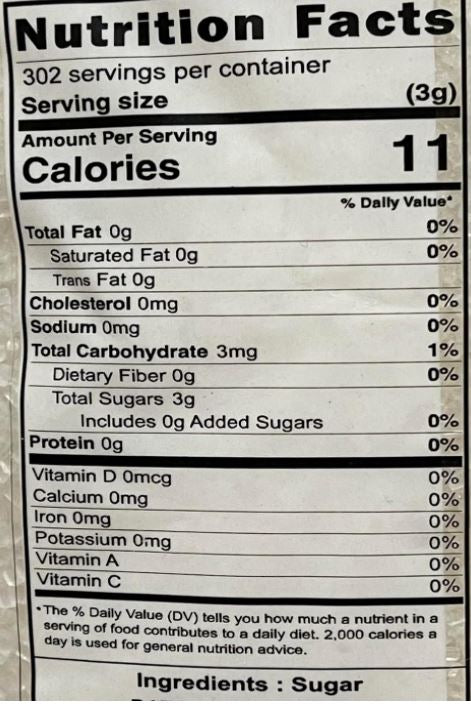 The Nutrition Facts of This is the Nutrition of Gazab White Crystal Suagr (Desi Sugar).