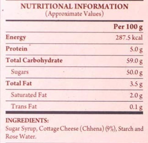 This is the Nutrition of Haldiram's White Rasbhari.