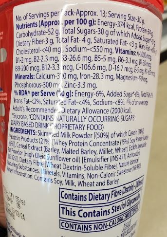The Nutrition Facts of Horlicks No Added Sugar Protein Plus 