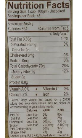 The Nutrition Facts of Kohinoor Extra Long Basmati Rice