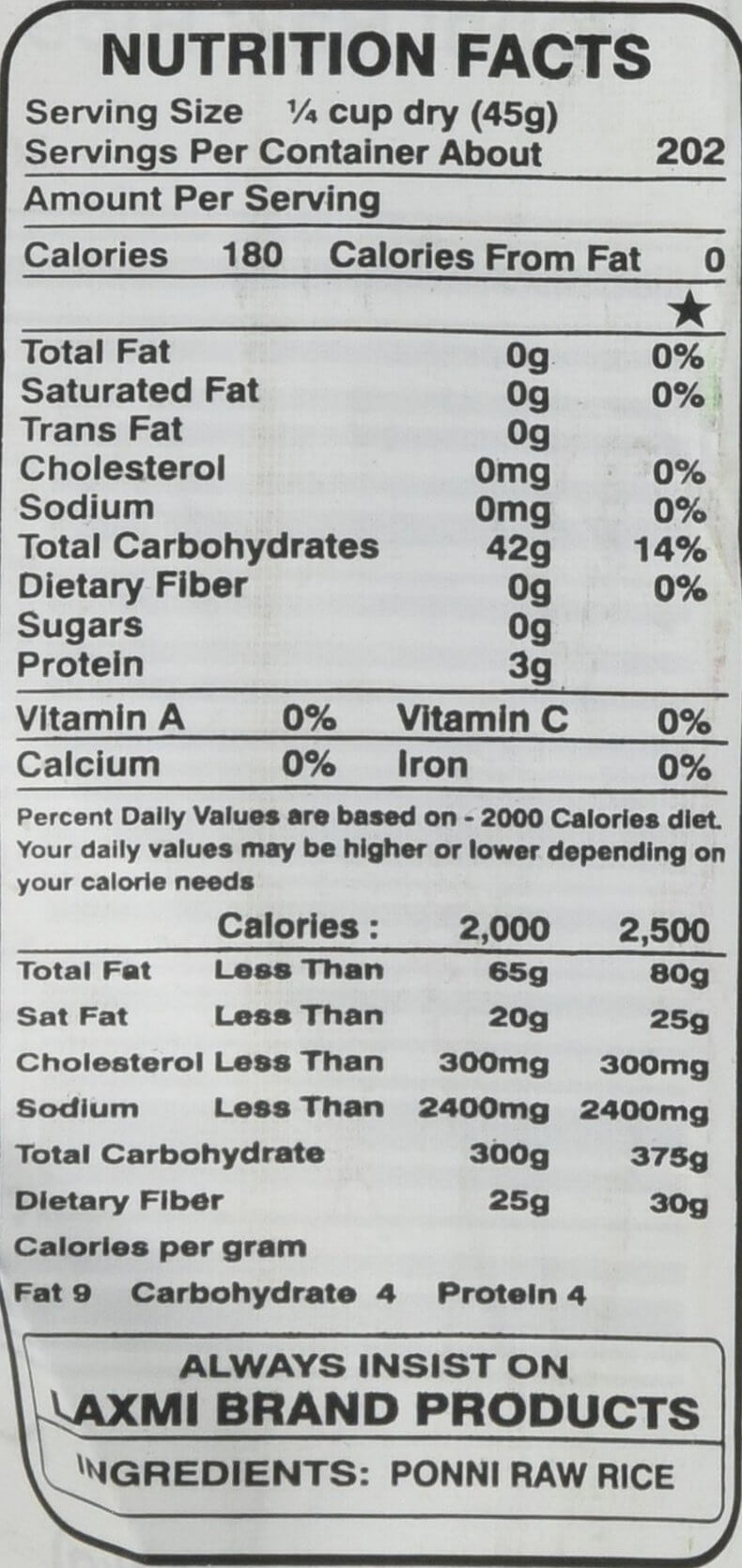The Nutrition Facts of Laxmi Ponni Raw Rice