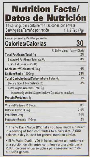 The Nutrition Facts of Laziza Yakhni Pulao Masala 