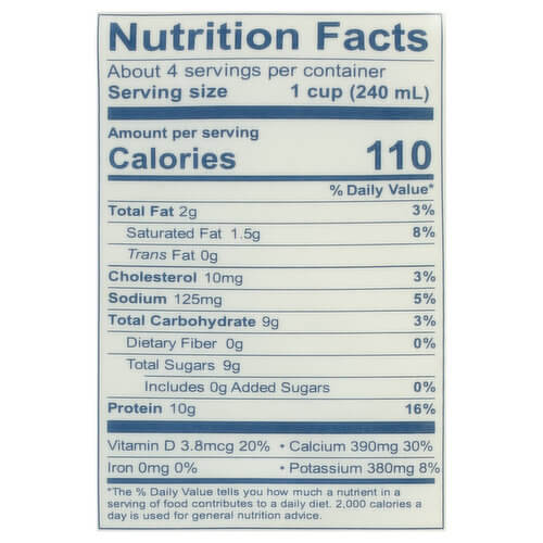 The Nutrition Facts of Dean's Dairy Pure 2% Reduced Fat Milk Large