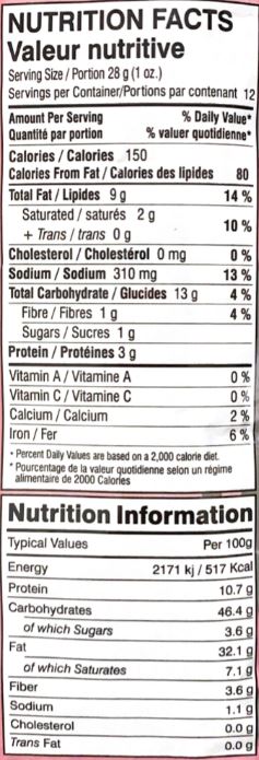 This is the Nutrition of Mirch Masala Bomday Bhel Puri.
