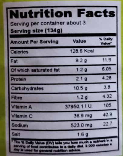 The Nutrition Facts of Mitchell's Aloo Palak ITU Grocers Inc.