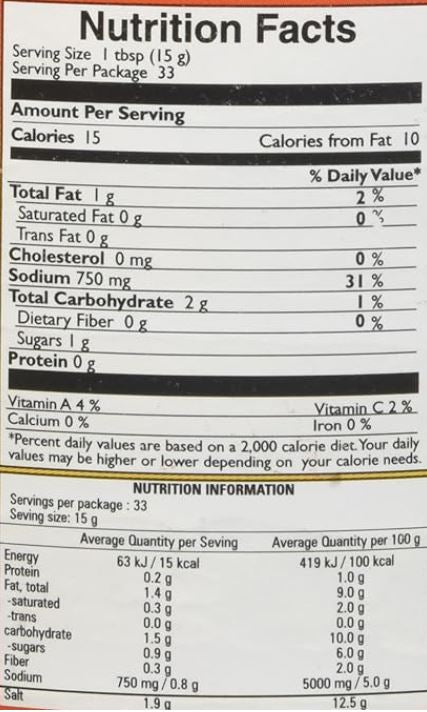 The Nutrition Facts of Mother's Recipe Carrot & Chilli Pickle 