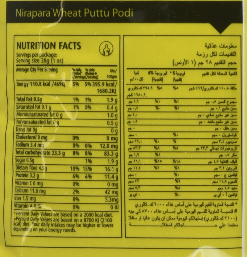 The Nutrition Facts of Nirapara Wheat Puttu Podi 