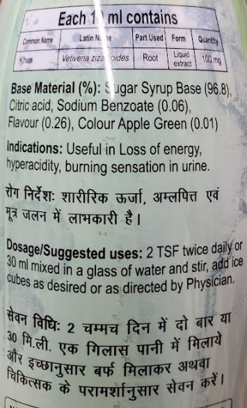 The Nutrition Facts of Patanjali Khus Sharbat 