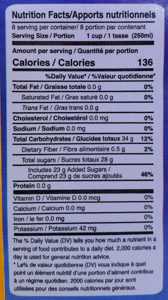 The Nutrition Facts of Quice Fruit Punch Drink Large 