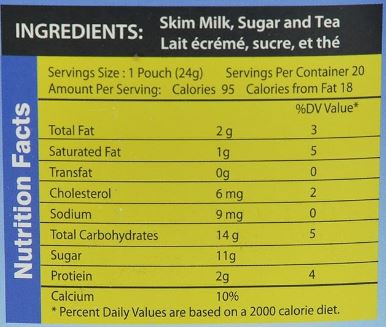 The Nutrition Facts of This is the Nutrition of Quick Plain Chai (20 pouches).