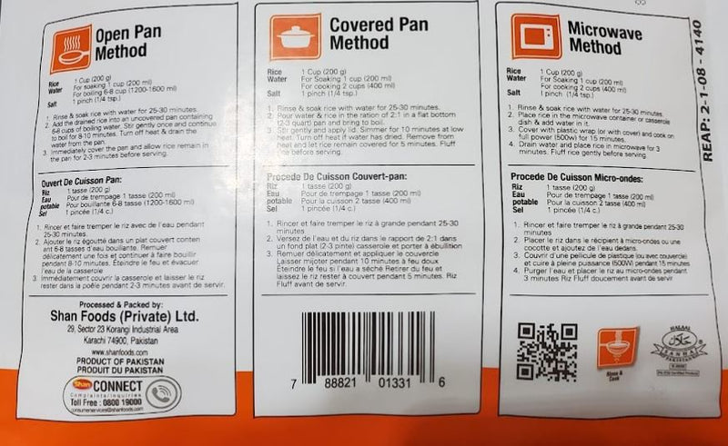 The Nutrition Facts of Shan Biryani Rice Long Grain Aged Basmati Fresh Farms