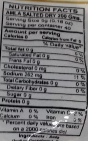 The Nutrition Facts of Swad Amla salted dry 