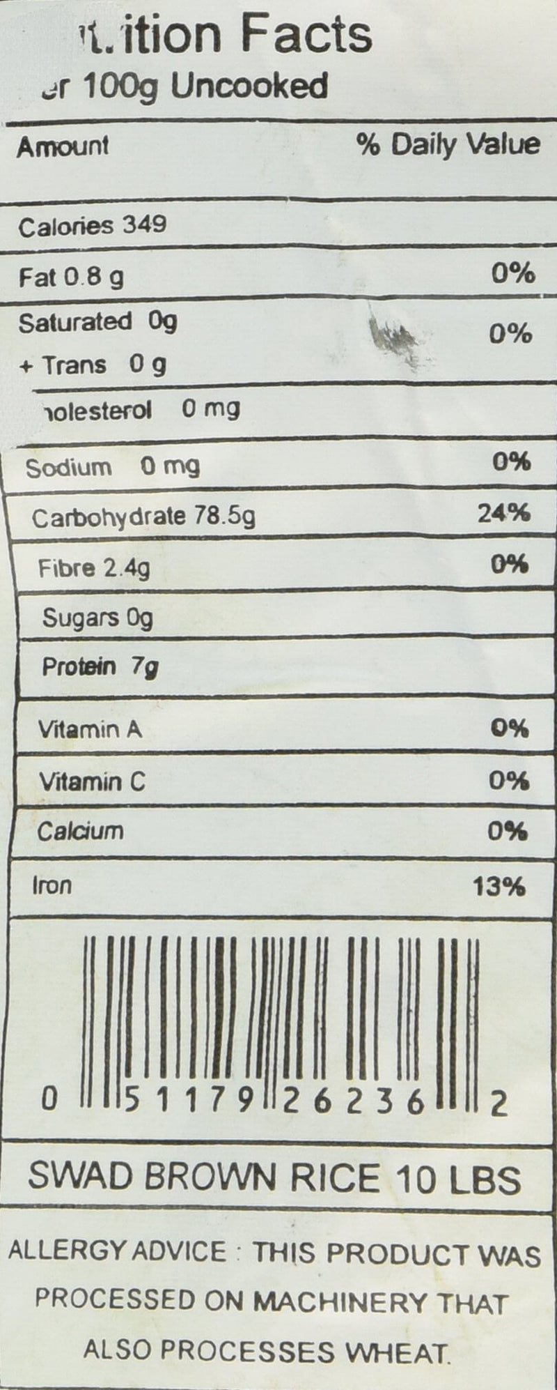 The Nutrition Facts of Swad Brown Basmati Rice