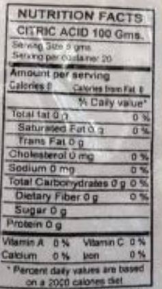 The Nutrition Facts of Swad Citric Acid 
