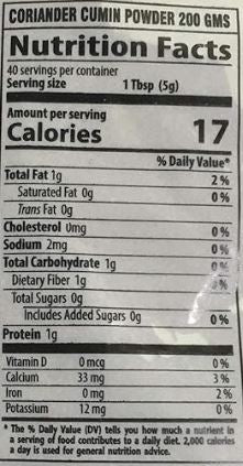 The Nutrition Facts of Swad Coriander cumin powder 