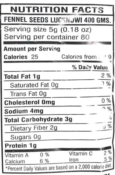 The Nutrition Facts of Swad Fennel seed  lucknowi 
