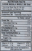The Nutrition Facts of Swad Garam Masala Whole 
