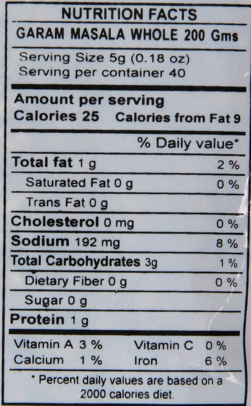 The Nutrition Facts of Swad Garam Masala Whole 