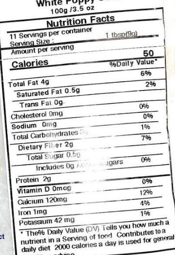 The Nutrition Facts of Swad Poppy seeds 