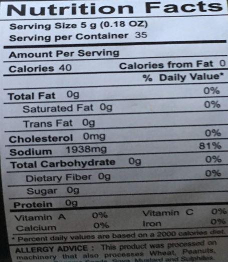 The Nutrition Facts of Swad Sindhav Salt Bottle 