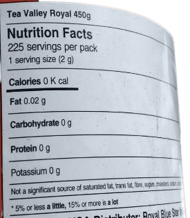The Nutrition Facts of Tea Valley Royal Assam Tea Original Small  