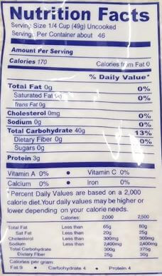 The Nutrition Facts of The Nutrition Facts of Thai Sweet Rice Sanpatong