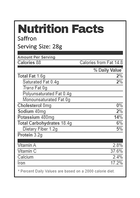 The Nutrition Facts of The Gathering of Saffron Brand Saffron 1 oz 