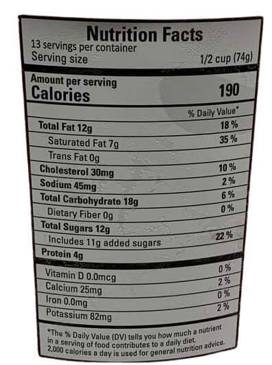 The Nutrition Facts of Vadilal Kaju Draksh Ice Cream Ice Cream 1 Lt