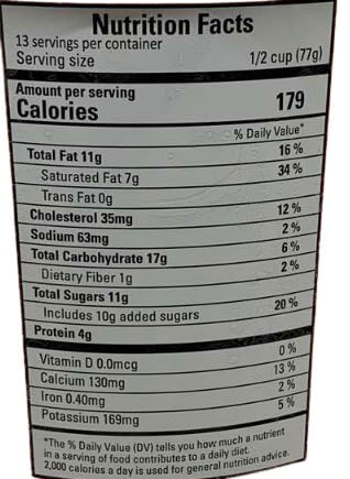 The Nutrition Facts of Vadilal Kesar Pista Kulfi Sugar Free Ice Cream 1 Lt