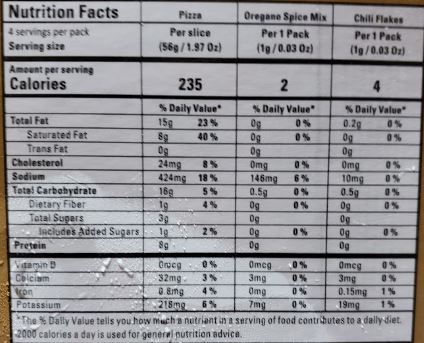 The Nutrition Facts of Vadilal MultiGrain Paneer Pizza