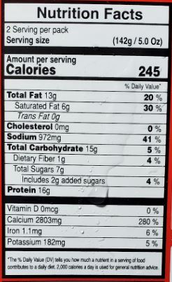 The Nutrition Facts of Vadilal Quick Treat Paneer Chili Dry