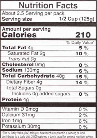The Nutrition Facts of Vadilal quick Treat Jeera Rice
