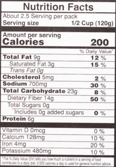 The Nutrition Facts of Vadilal quick Treat Rajma Masala