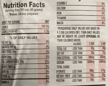 The Nutrition Facts of Zebra Classic 1121 XXL Basmati Rice