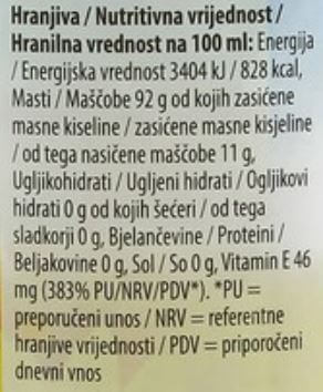 The Nutrition Facts of Zvijezda Sunflower Oil