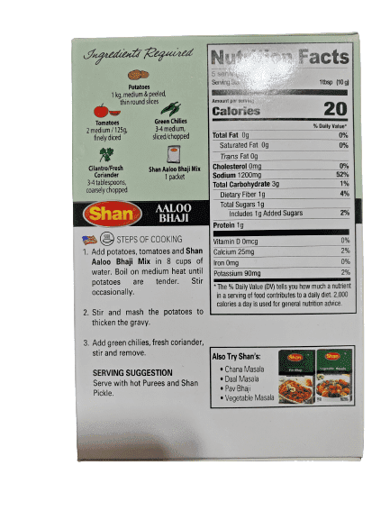 The Nutrition Facts of Shan Aloo Bhaji 